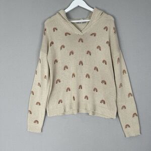 Marled Womens Sweater Medium Tan Rainbow Hooded Slouch Open Knit Beachy Lounge